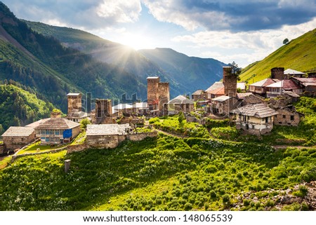 View of the village Adishi. Upper Svaneti, Georgia, Europe. Caucasus mountains. Beauty world. Royalty-Free Stock Photo #148065539