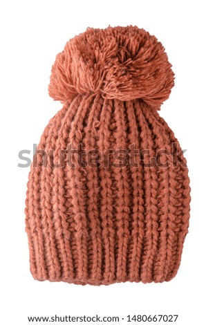 orange knitted hat isolated on white background.hat with pompon .