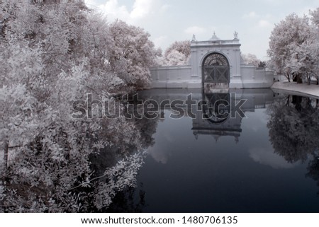 Near Infrared or IR photo panoramic view of outdoor public park
