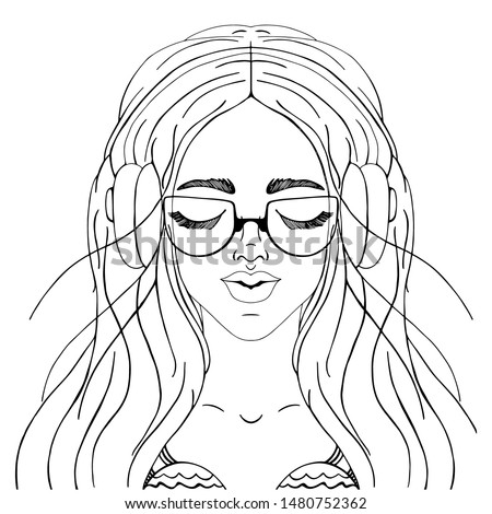 Beautiful girl with headphones on her head listens to music. Black and white illustration for posters and cards. Coloring for adults and older children. Vector illustration.