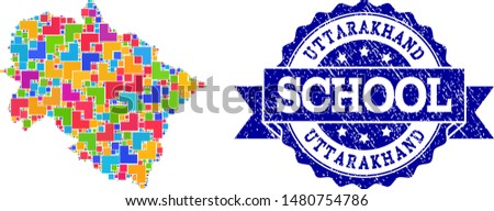 Mosaic puzzle map of Uttarakhand State and rubber school seal with ribbon. Vector map of Uttarakhand State constructed with colorful square and corner blocks. Vector seal with grunge rubber texture,