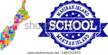 Mosaic puzzle map of Masirah Island and scratched school seal with ribbon. Vector map of Masirah Island designed with bright colored square and corner elements.