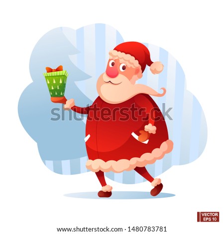 Vector image. Cartoon character Santa Claus smiling, holding a gift in his hand.
