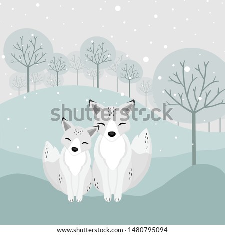 Hand drawn Arctic Fox and baby in the winter.