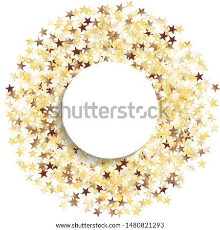Round Frame of Big Star Confetti. Wreath with Empty White Form. Golden Christmas Pattern. Trendy Decoration for Holiday Banner Wallpaper Invitation. Isolated Christmas Pattern. Vector.
