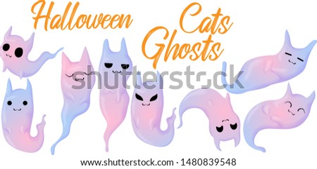 Vector hand draw Halloween collection of colorful cute cats ghost in different poses and emotion in cartoons style.