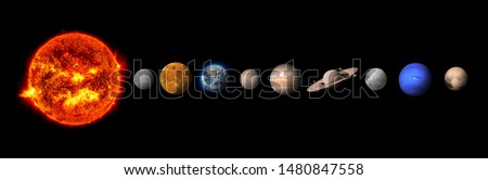 The solar system consists of the Sun, Mercury, Venus, Earth, Mars, Jupiter, Saturn, Uranut, Neptune, Pluto.Elements of this image furnished by NASA Royalty-Free Stock Photo #1480847558