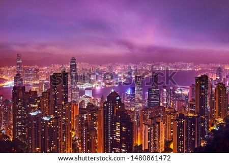 Hong Kong night skyline. Magnificent landscape of city night life