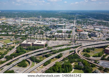 Aerial view of freeway I45 at downtown Houston, near Buffalo Bayou park, Texas