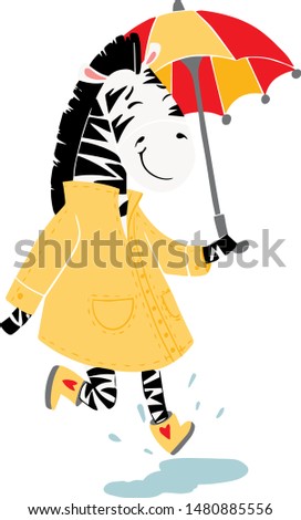 Cute zebra character in a yellow raincoat with an umbrella. Drawn in vector, cartoon style. Can be used for children's textiles, books, posters.