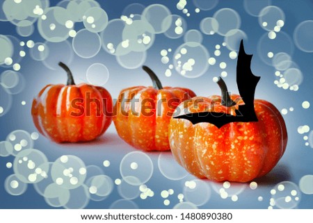 Halloween holiday. Pumpkin and bat on a white background. Place for text. Halloween decorations on a white background.
Selective focus.