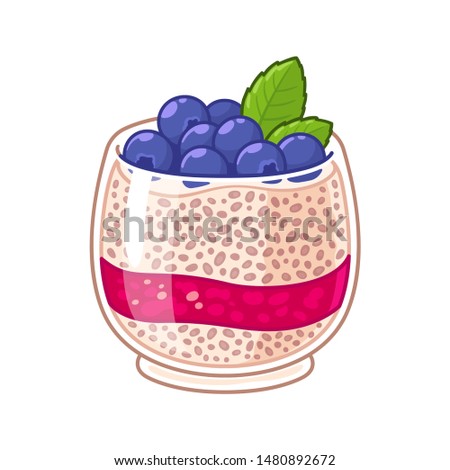 Chia seed pudding in glass with fresh blueberries and raspberry jam layer. Healthy superfood breakfast, fruit parfait dessert illustration.