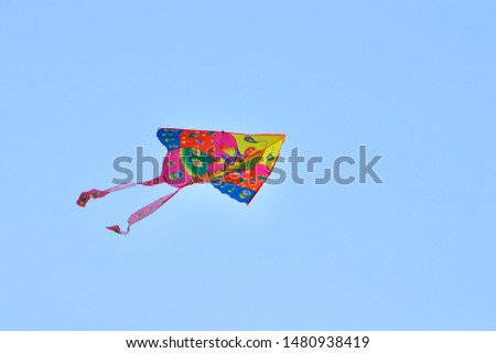 Multi-colored Delta type kite is flying in blue sky
