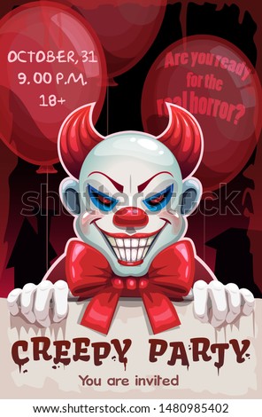 Scary angry evil clown with paper banner in the hand. Creepy party poster. Demonic circus illustration.  Halloween background.