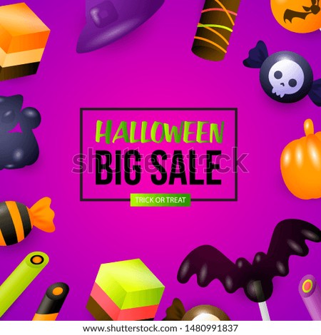 Halloween Big Sale lettering with sweets. Invitation or advertising design. Typed text, calligraphy. For leaflets, brochures, invitations, posters or banners.