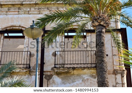 Lantern, palm tree and abandones old facade
