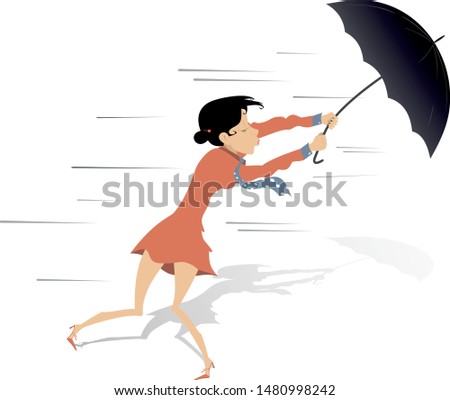 Strong wind, rain and woman with umbrella illustration. Cartoon woman with umbrella on the wind under the rain isolated on white illustration
