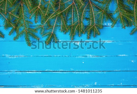 green branches of needles on a blue background from shabby boards, festive Christmas background, copy space
