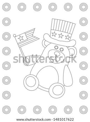 Coloring page: Patriotic American Teddy bear sitting in a star-striped hat on his head and holding the us flag in his paw