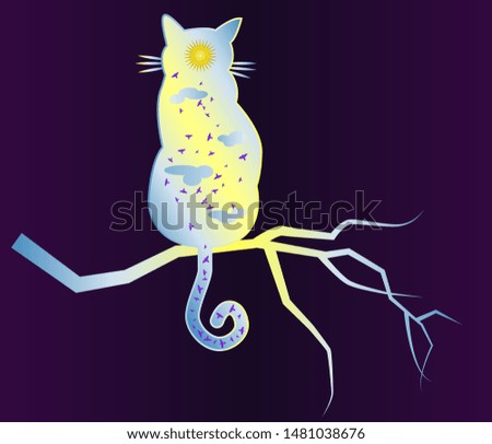 Cat-day. Silhouette of a cat painted with a day sky, with clouds, sun, birds