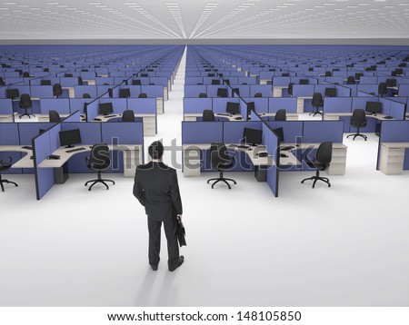 Recruitment.  Businessman in front of endless office cubicles. Royalty-Free Stock Photo #148105850