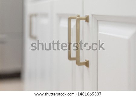 white raised panel kitchen / vanity / bathroom cabinet with brushed gold color rectangular handles, close-up Royalty-Free Stock Photo #1481065337