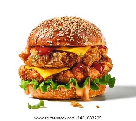 Fresh tasty burger isolated on white background. Big double cheddar cheeseburger with chicken cutlet Royalty-Free Stock Photo #1481083205
