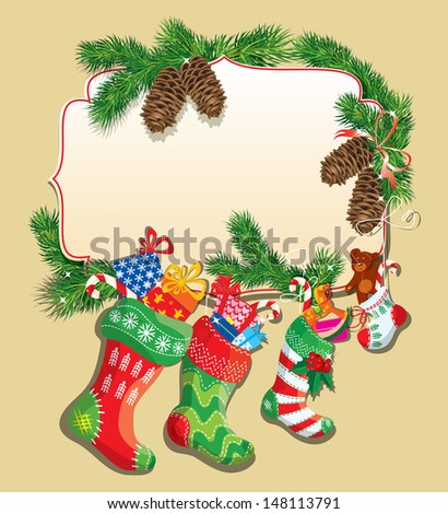  X-mas and New Year card with family Christmas stockings. Frame with empty space for text.