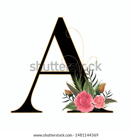 Flowers Font Alphabet - Letter A with watercolor flowers and leaves hand drawn on paper.  Flowers bouquet composition. Decoration for invites card and other concept ideas.   Illustration Font