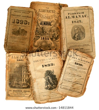 Collection of very old farmer's almanacs Royalty-Free Stock Photo #14811844