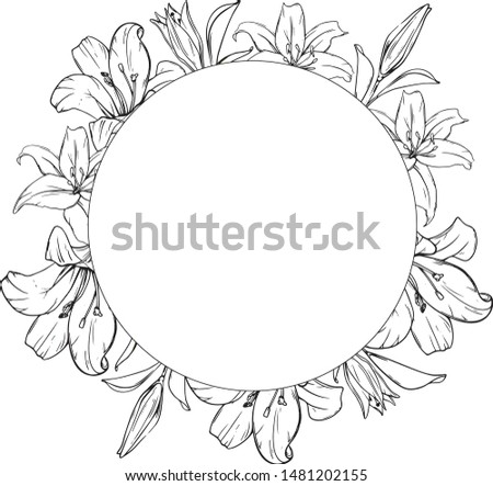 Black and white wreath with lilies, drawn in vector. You can write your text inside. Can be used for invitation, booklet, poster. Doodling style