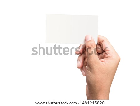 Male hand holding a blank business card on a pure white background for text or design. Blank credit card templates for contact or use in business. ( Clipping path )