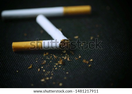 An pieces of cigarette break and detail of tobacco isolated black background.  