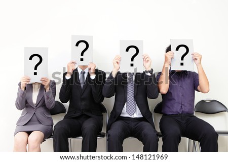Human resource concept, Young businessman holding white billboard with a question mark on it and waiting for job interview, , asian people Royalty-Free Stock Photo #148121969