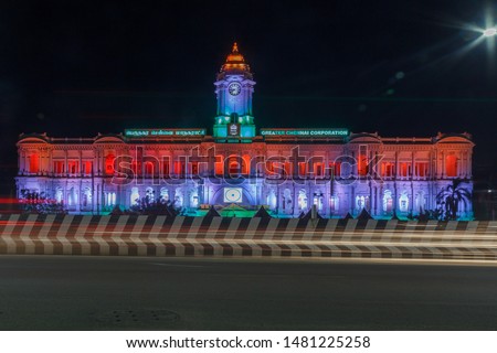 landscape view ripon building in chennai seen with light trails adds beauty to the photograph and illuminated with india tricolor on independence day.  long exposure photography august 15