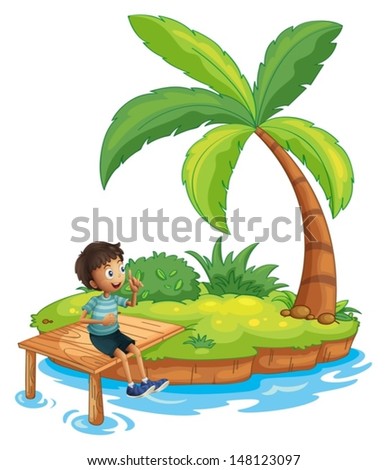 Illustration of a boy sitting above the bridge in an island on a white background