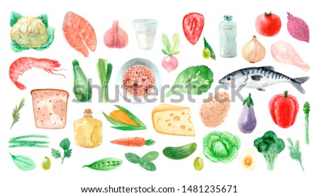 Watercolor hand-drawn set of natural food. Organic vegetables, seafood, dairy and meat. Clipart collection Isolated on white background. Healthy food diet menu. Illustrations design store, restaurant