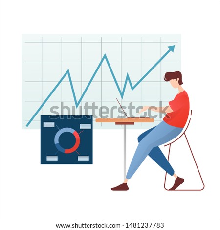 People work and interacting with graphs and devices, Modern data analysis, finance statistic, data come out from Laptop, flat style illustration