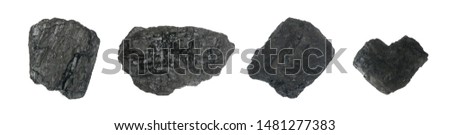 Natural black hard coal or diamond coal isolated on white background. Best grade of metallurgical anthracite coals often referred to as stone coal and black diamond coal Royalty-Free Stock Photo #1481277383