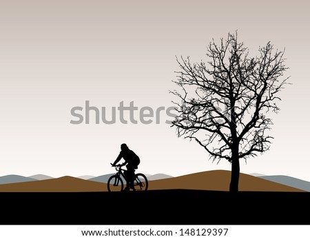 Silhouette landscape with rider and a tree, vector illustration