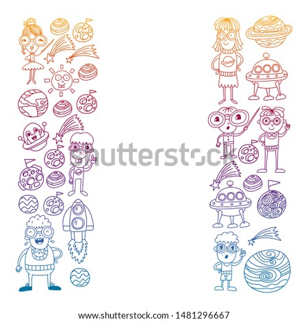 Space doodle pattern with teacher and students in doodle style. School, children. Science education, learning.
