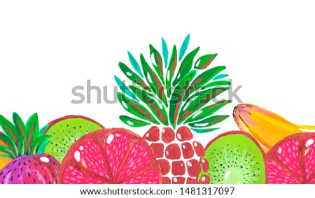 Banner Illustration of hand painted acrylic gouache. Banner juicy fruit Exotic fruit pineapple banana kiwi strawberry grapefruit on white background.