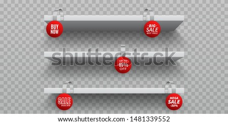 Shop shelves with wobblers. White 3D empty wall shelf with realistic round promotional wobblers. Vector isolated announcement promotion sale wobbler on transparent background Royalty-Free Stock Photo #1481339552