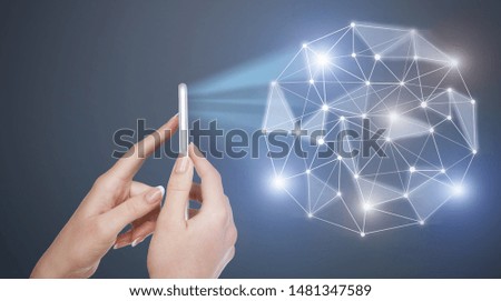 3D Projection of social media diagram network from cellphone on background, panorama, copy space