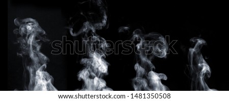 Fog or smoke set isolated on black background. White cloudiness, mist or smog background. Royalty-Free Stock Photo #1481350508
