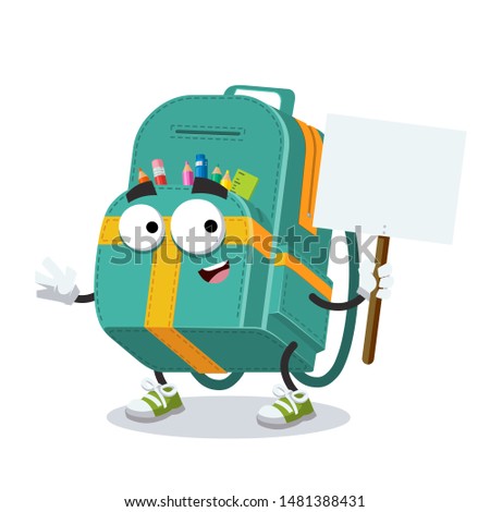 cartoon joyful full kids school backpack mascot with tablet in hand on white background