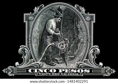 Miner, Portrait from Mexico 5 Pesos 1913  Banknotes.