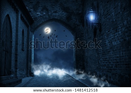 spooky night at the dark medieval castle, scary atmosphere for halloween background concept