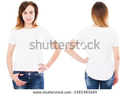 white woman in white t-shirt set isolated, blank,logo,empty