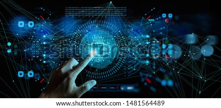 Artificial intelligence (AI) with machine deep learning and data mining and another modern computer technologies UI by hand touching CPU icon. Royalty-Free Stock Photo #1481564489